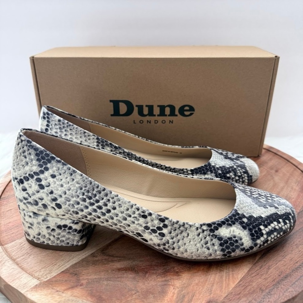Dune London Bracket Pump Women 8 Grey Snakeskin New Block Heel Reptile Leather